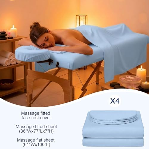 Oudain 4 Sets 3 Piece Soft Microfiber Massage Table Sheets Set Bulk Includes Massage Flat Sheet and Fitted Sheet and Face Rest Cover(Blue) - Image 2