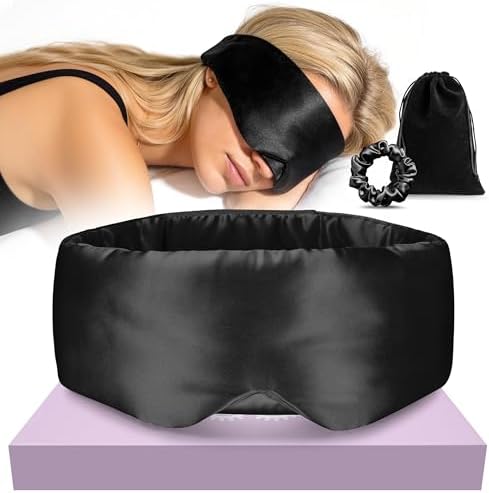 Silk Sleep Mask 22 Momme 100% Mulberry Silk & 3.5cm Silk Hairband Set for Side Sleeper Women Men,Light Blocking Nose Pad, Adjustable Silent Strap,Eye Mask fo Home & Travel Use (Black) by NUOJIA
