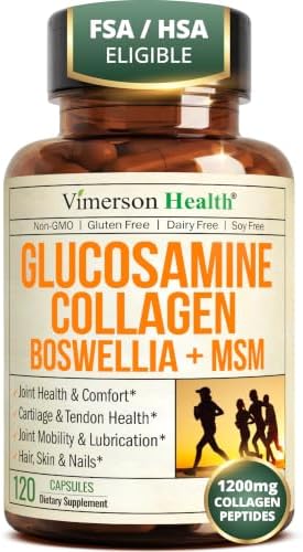 Glucosamine Chondroitin with 1200mg Hydrolyzed Collagen Peptides, Boswellia Extract, Quercetin, Bromelain, MSM – Hair Skin Nails and Joint Supplement for Women & Men – FSA Eligible 120 Capsules by VimersonHealth