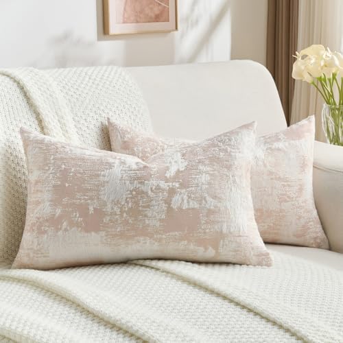 FUTEI Pack of 2 Faux Cashmere Throw Pillow Covers 12x20 Inch,Pink White by FUTEI