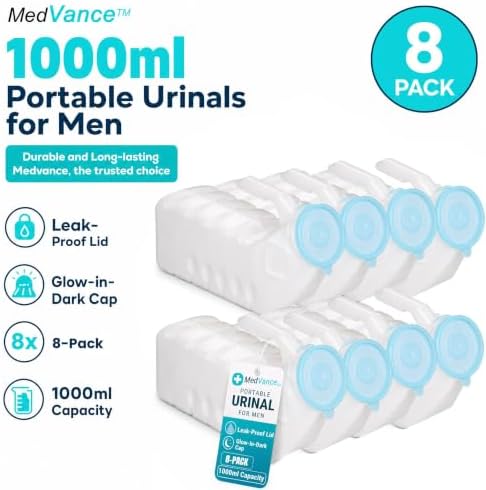 MedVance Urinals for Men 1000ml, Spill Proof Glow in the Dark Lid, 8 Pack - Image 2