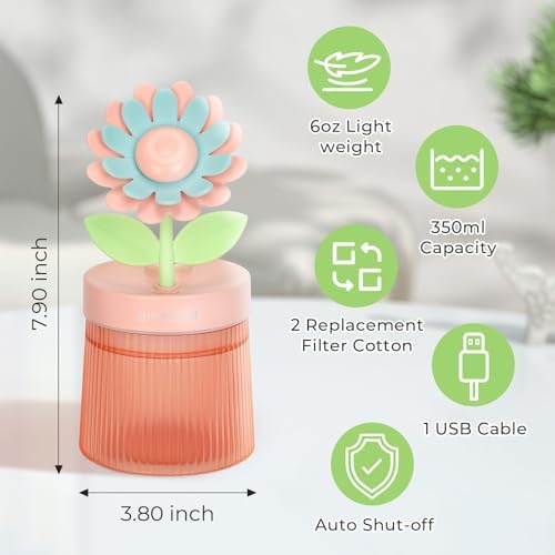 Cute Flower Mini Humidifier, Small Cool Mist Desk Humidifiers, Portable USB Personal Desktop Plant Humidifiers, Cooling for Home Office Car Travel Indoor Outdoor (260ml, Pink Sunflower) - Image 5