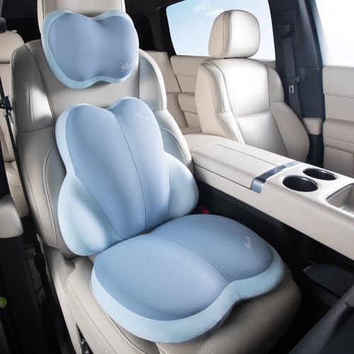 FLORICH 3 PCS Seat Cushion for Carseat Lumbar Support Pillow Car Neck Headrest Pillows Ultrathick Memory Foam Seat Pads Pressure Relief Back Cushion for Office Chair(Blue) by FLORICH