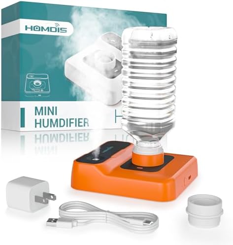 Travel Humidifier, Portable Humidifier for Plants, Bedroom, Office, Hotel or Car, 5000mAh Battery Operated Mini Cool Mist Humidifiers, Quiet 23dB, Auto-off, Night Light & BPA-Free, Orange-Red by HOMDIS