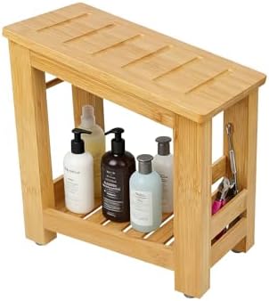 Bamboo Shower Foot Rest Stool for Shaving Legs & Pedicure, Non-Slip Bathroom Foot Step with Storage Pocket, Solid & Water-Resistant,Natural by ForestManor
