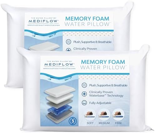 Mediflow Water Pillow with Memory Foam — Adjustable Waterbase; One-Piece Foam; Clinically Shown to Reduce Neck Pain; Deep, Uninterrupted Sleep; Side/Back/Stomach Sleepers, Standard/Queen (Twin Pack) by TheWaterPillowbyMediflow