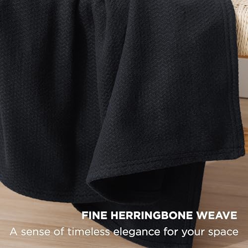 Bedsure 100% Cotton Blanket, Herringbone Weave, Queen Size, Black - Image 3