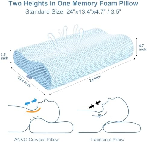 Anvo Memory Foam Pillow, Neck Contour Cervical Orthopedic Bed Pillow for Sleeping Side Back Stomach Sleeper, Ergonomic Design for Neck and Shoulder Pain Relief, Blue White, Firm - Image 3