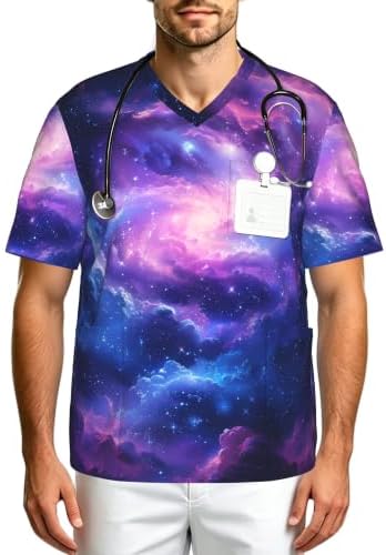 Men's Scrub Top,V-Neck Spill Wrinkle Resistant,3 Pockets-Space Galaxy (6) by Unknown