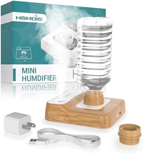 Travel Humidifier, Portable Humidifier for Plants, Bedroom, Office, Hotel or Car, Battery Operated Mini Cool Mist Humidifiers, Quiet 23dB, Auto-off, Night Light & BPA-Free, Wood Grain by HOMDIS