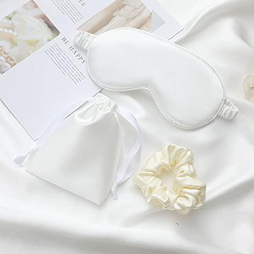 White Sleep Eye Mask, Blackout Silk Satin Travel Blindfold Set Women by LCBD