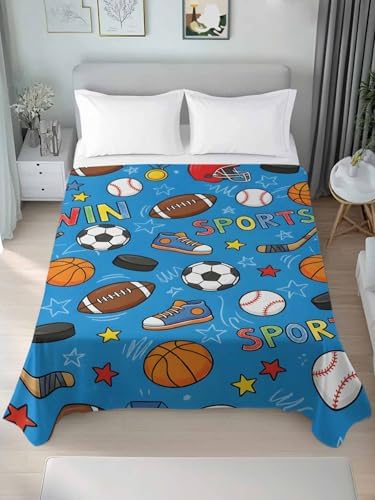 Queen Flat Sheet Sports Balls Flat Sheets Only Soft Breathable Microfiber Bedding Top Sheets Luxury Hotel Quality Basketball Soccer Baseball Rugby Ice Hockey Queen Bed Sheet for Bedroom Dorm Decor - Image 3