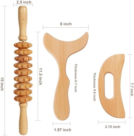 SAMEBUTECO 3 Packs Manual Wooden Fascia Massage Roller, Lymphatic Drainage Massager and Gua Sha Tool Set for Body Release Cellulite Anti Cellulite and Relieve Muscle Fatigue - Image 2