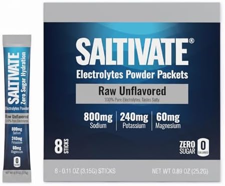 Electrolyte Packets, Raw Unflavored, 800mg Sodium, 8 Sticks by Saltivate