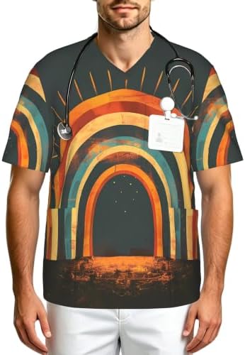 Men's Scrub Top,V-Neck Spill Wrinkle Resistant,3 Pockets-Boho Rainbow (2) by Unknown