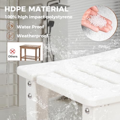 FLYJOE Shower Bench for Shaving Legs, Waterproof HDPE Chair Seat With Storage Shelf and Handles, Spa Stool for Bath Tub Bathroom Indoor Outdoor Use, White - Image 2