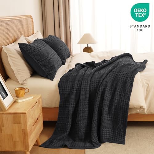 PHF Lightweight 100% Cotton Waffle Throw Blanket for Couch, Black - Image 5