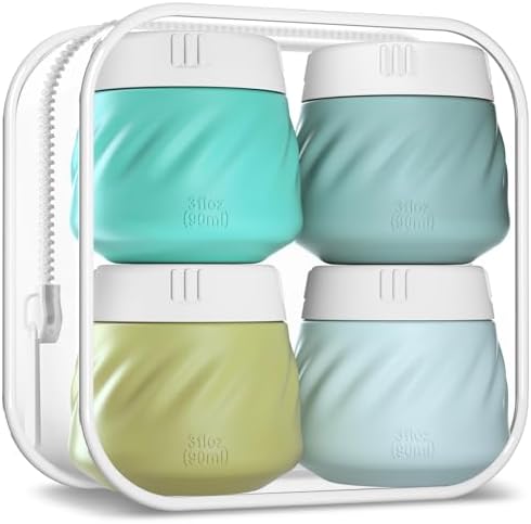 Gemice Silicone Cream Jars TSA Approved Travel Size Containers with Toiletry Bag, Wide Mouth Leak-proof Travel Accessories with Lid for Cosmetic Cream (4 Pack) by GemiceBeautyTools