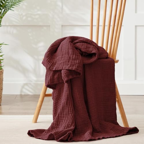 100% Cotton Muslin Blanket Twin 66" x 90", 6 Layers Breathable and Lightweight Cotton Blankets for Couch, Soft Cooling Summer Gauze Blanket for Adults All Season, Burgundy - Image 3