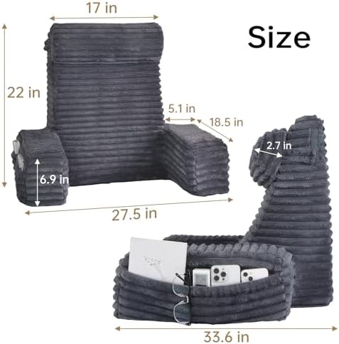 ENITYA 22" XL Back Pillow for Bed Sitting Up with Armrests & Big Pockets - Image 2