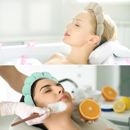 Ztomine Spa Headbands, Set of 2, Terry Cloth Headband Face Wash Headband Combo Pack - Puffy Makeup Headbands for Face Washing, Mask (beige + turquoise) - Image 3