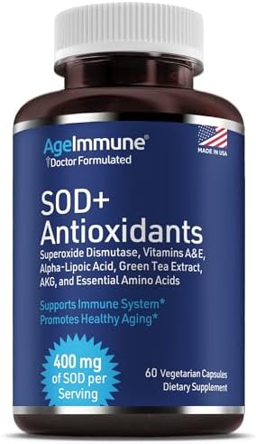 SOD Antioxidants Complex Healthy Aging Supplement - 400mg of Superoxide Dismutase - Alpha Lipoic Acid - L-Arginine -Lysine - AKG - Vitamin A - Vitamin E for Immune Support-60 Capsules by AgeImmune