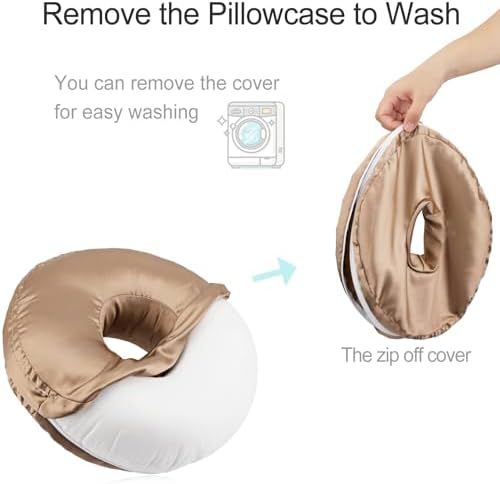 Washable Silky Satin Ear Piercing Pillow with Removable Pillowcase Smooth Cooling Donut Pillows Hole for Ear Pain Relief CNH Sleeping Pressure Sore Side Sleepers Ear Guard Protector, Taupe Cover - Image 2