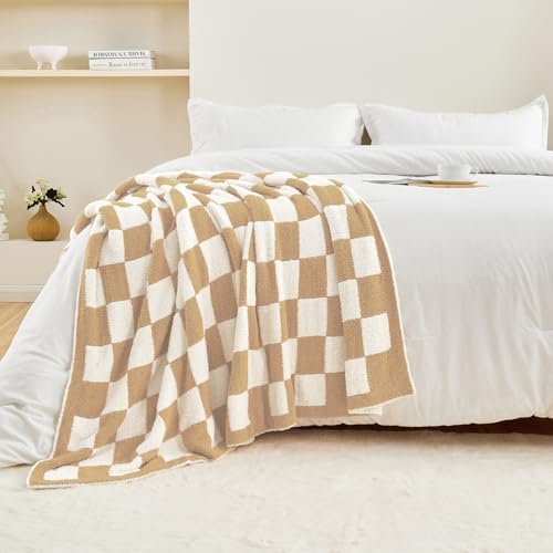 CozeCube Beige White Reversible Checkered Knit Throw Blanket 60"x80" - Image 2