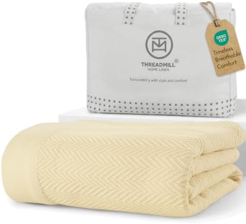 Threadmill Luxury 100% Cotton Twin Herringbone Blanket, Vanilla Cream by ThreadmillHomeLinen