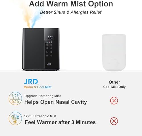 JRD Warm & Cool Mist Humidifiers for Bedroom 5L, Quiet Ultrasonic Air Humidifier Fast Symptom Relief, 50H Runtime, Oil Diffuser, 12H Timer, 7 Color Light for Large Room, Office, Baby, Plants-Black - Image 2