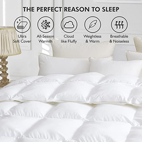 Luxurious White Solid Medium Weight, California King Size Goose Feathers Down Comforter for All-Season Weather Duvet Insert, Premium Baffle Box, 100% Egyptian Cotton Cover, 70 oz. Fill Weight - Image 5