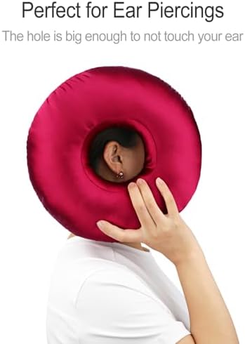 Silky Satin Piercing Pillow Ear Pillows Donut with Hole for Ear Pain CNH Piercing Pain Relief Sleeping Pressure Sore Side Sleepers Smooth Cooling Ear Guard Protector, Burgundy - Image 3