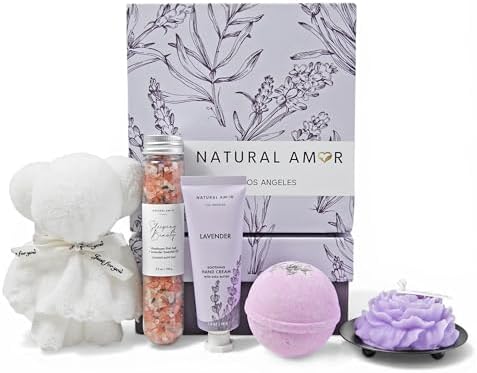 Natural Amor Lavender Spa Gift Set for Women – 6PCS Bath Gift Basket with Hand Cream, Bath Salts, Bath Bomb, Candle – Relaxing Self Care Gifts for Birthday, Mother’s Day by NATURALAMORLOSANGELES
