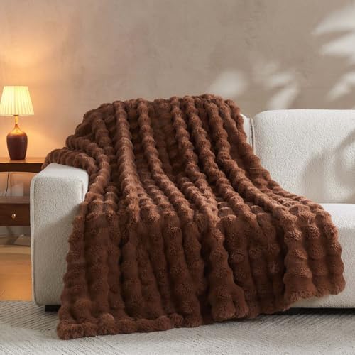 Lotus Karen Faux Fur Throw Blanket Dark Coffee - Big Bubble Rabbit Fluff Blanket for Couch Bed Sofa,Softest Fluffy Fuzzy Cozy Blanket,Thick Furry Plush Shaggy Warm Blankets for Women,60x80 Inches - Image 3