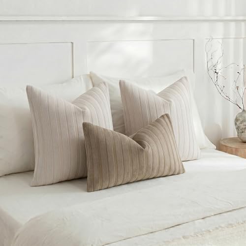 DEZENE 22x22 Beige Throw Pillow Covers Pack of 2 Soft Striped Corduroy Square Neutral Pillow Cases for Couch Sofa Bedroom Living Room Home Decor - Image 6