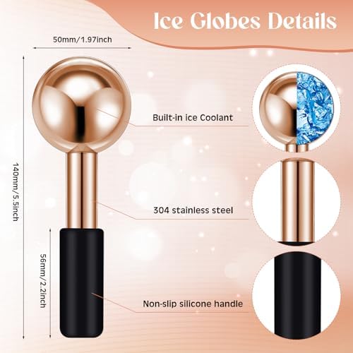 Baderke 2 Pcs Ice Globes for Face Stainless Steel Cooling Globes Unbreakable Cooling Roller Women Ice Balls Cryo Sticks Facials Skin Care for Dark Circles, Puffiness(Rose Gold (Black Handle)) - Image 2