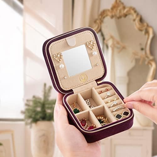 ZPROW Plush Velvet Travel Jewelry Case, Travel Jewelry Organizer, Jewelry Travel Case, Travel Jewelry Box, Small Jewelry Case for Women,Jewelry Travel Box, Earring Organizer with Mirror - Purple - Image 2