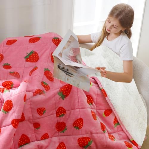 Aemicion Strawberry Pink Weighted Blanket for Girls Over 6 Years Old, Cozy Sherpa Fleece Heavy Bedding Throw 10lbs, 48"x72" Twin Size, Machine Washable ﻿ - Image 4