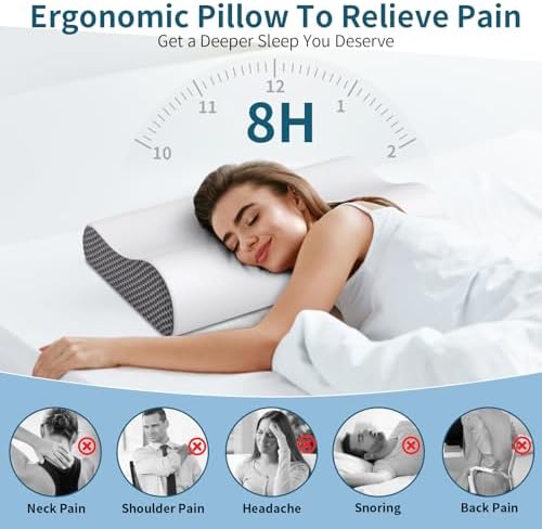 Cervical Neck Pillow for Pain Relief, Contour Memory Foam Pillows Ergonomic Pillow for Sleeping Bed Pillow Neck Support with Cooling Pillowcase Orthopedic Pillow for Side Back Sleepers(Light Grey) - Image 4