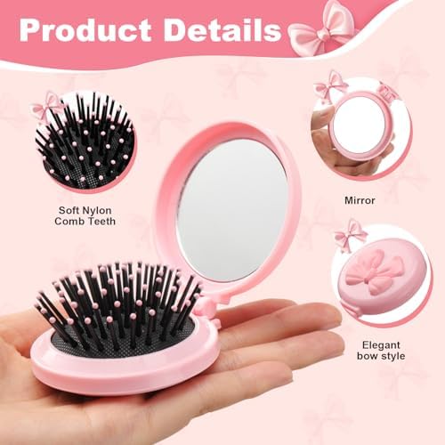12 Pcs Pink Coquette Bow Mini Hair Brushes Folding Mirror Coquette Detangler Brush Bulk Round Compact Massage Scalp Comb for Purse Women Travel Team Gifts Trendy Stuff Party Favors - Image 3