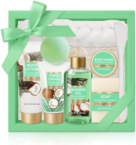 Spa Gift for Women, 8 Piece Luxury Coconut Bath Set with Bubble Bath & Bath Bombs Body Scrub Lotion Hand Cream, Bath Sets for Women Gift, Anniversary Present Birthday Gifts by BODYEARTH