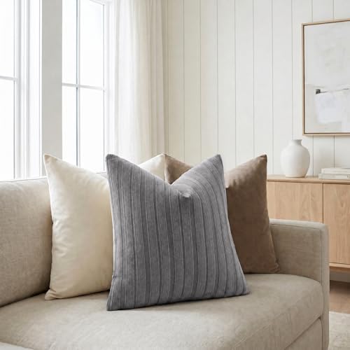 DEZENE 26x26 Grey Throw Pillow Covers Pack of 2 Soft Striped Corduroy Square Modern Neutral Pillow Cases for Couch Sofa Bedroom Living Room Home Decor - Image 4