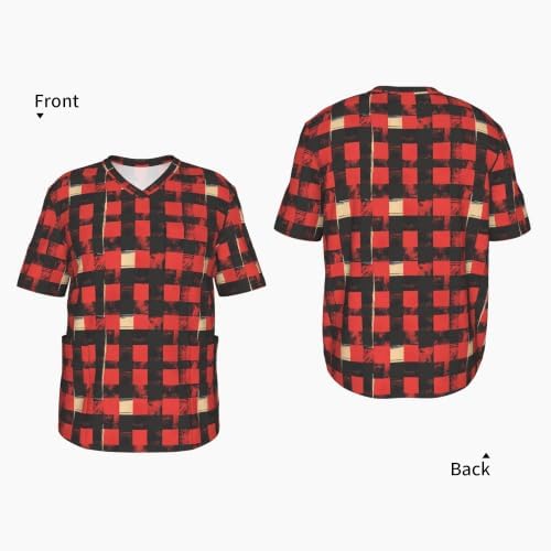 Men's Scrub Top,V-Neck Spill Wrinkle Resistant,3 Pockets-Buffalo Plaid Red and Black (2) - Image 4