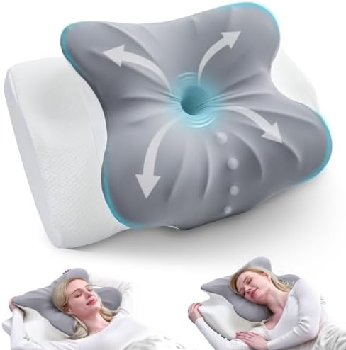 BDEUS Cervical Neck Pillow for Sleeping Ergonomic Pillow Memory Foam Pillows Side Sleeper Pillow for Neck Pain Relief Sleep Apnea Pillow Butterfly Arm Grooves Dual Height, Grey by BDEUS