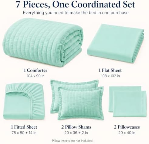 CozyLux King Size Comforter Set 7 Pieces Mint Green Seersucker Bed in a Bag - Image 2