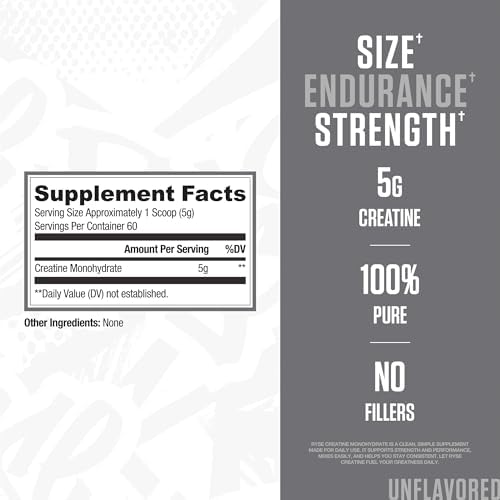 RYSE Creatine Monohydrate Powder - Unflavored - Supports Men & Women Lean Muscle Growth, Strength, Power, and Endurance - Helps Reduce Fatigue and Improve Workout Recovery - 60 Servings - Image 2
