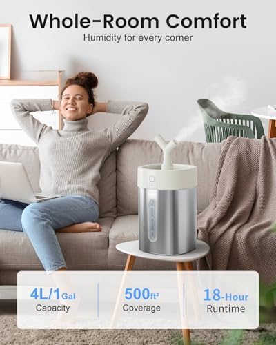 Feekaa Stainless Steel Humidifier, Easy Clean Dishwasher Safe, 4L/1Gal Cool Mist Humidifiers for Bedroom, Humidifiers for Baby, Humidifier Large Room for Nursery, Plant, Office, Living Room, White - Image 2