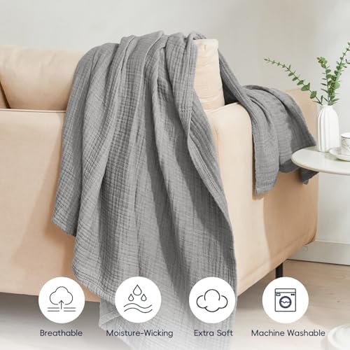 PHF 100% Cotton Muslin Throw Blanket 50" x 60", 4-Layer Lightweight Gauze Throw, Breathable Cloud-Soft Minimalist Blanket for Bed, Couch, Camping & Baby, Grey, Ideal Gift - Image 5