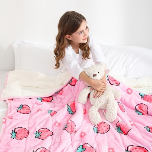Weighted Blanket 7 pounds Twin Size 41"x 60",Soft Sherpa Fleece Heavy Blanket for Sleeping Perfect for 60-90lbs, Cute Strawberry Pink Weighted Blanket for Bed or Couch by Aemicion