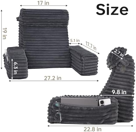ENITYA 19" Large Back Pillow for Bed Sitting Up with Armrests & Big Pockets - Image 3